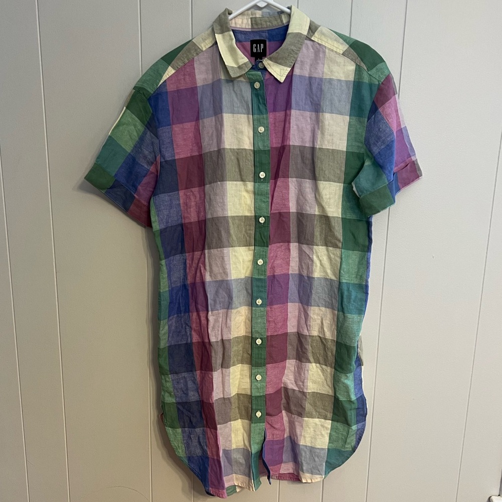 Gap Women Size S petite Spring‎ Pastel Plaid Linen Blend Shirt Dress NWT